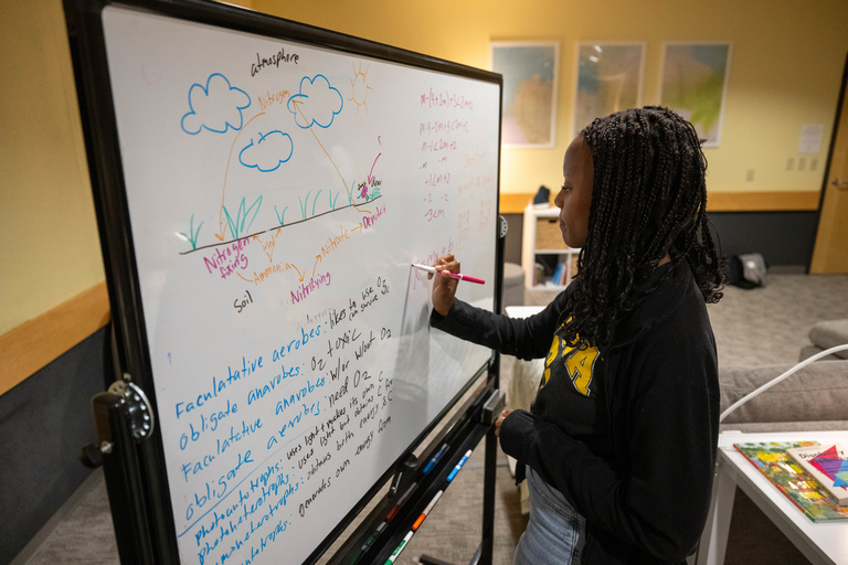 Female student writing equations on a whiteboard